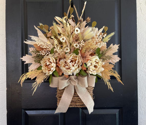 Neutral Fall wreaths for front door decor, Modern Farmhouse Peony Thanksgiving wreaths, Autumn outdoor