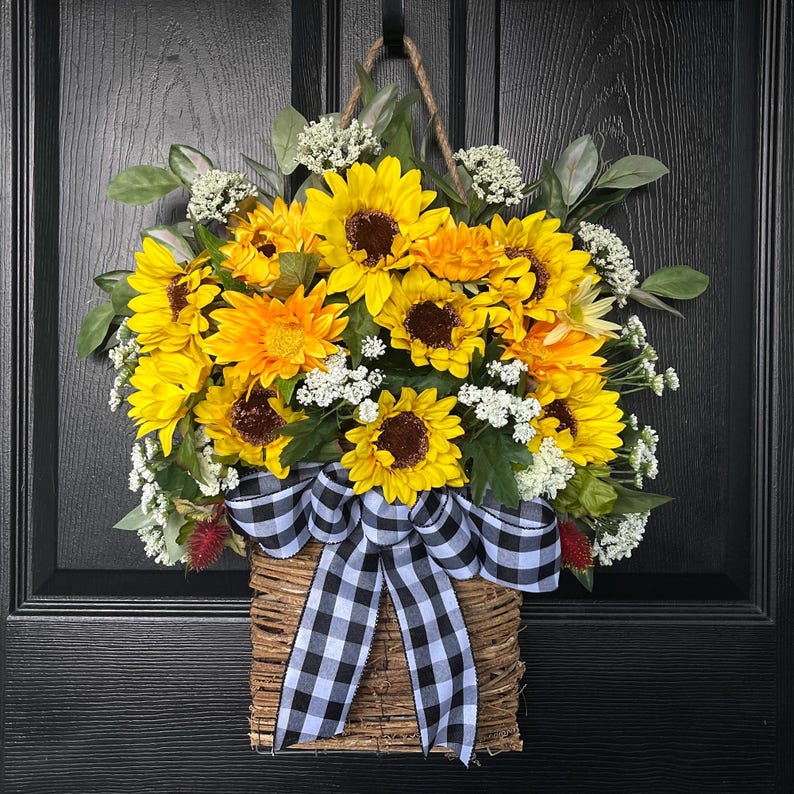 Sunflower Wreath: Summer Spring Door Hanger with Artificial Flowers sunflower & white