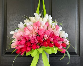 Spring wreath- wreaths basket for front door-Mother's Day Tulip welcome