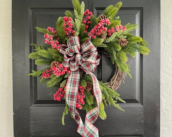 CHRISTMAS WREATHS, Christmas Wreath for front door, Christmas wreath with Buffalo Check bow, Winter wreath, rustic Christmas wreath