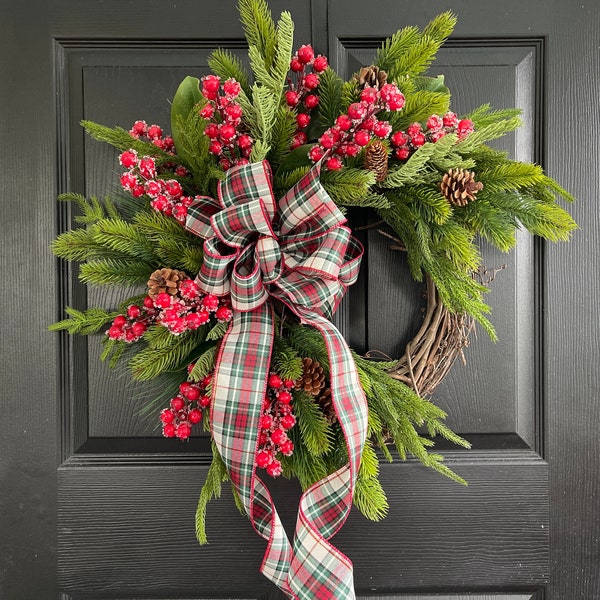 CHRISTMAS WREATHS, Christmas Wreath for front door, Christmas wreath with Buffalo Check bow, Winter wreath, rustic Christmas wreath