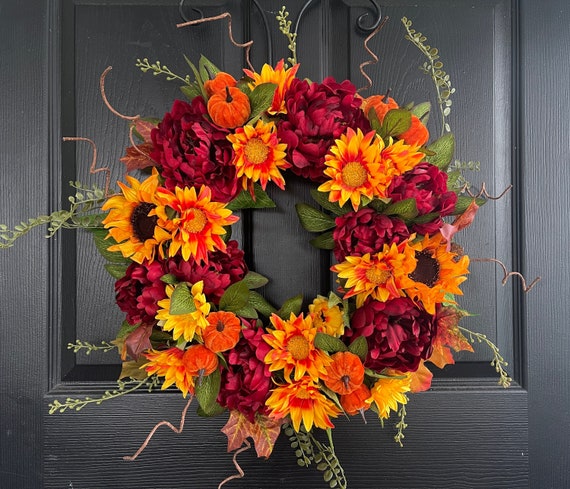 Sunflower Peony Fall Wreath: Thanksgiving Front Door Decor