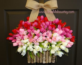 spring wreath summer wreath Mother's Day gift front door wreaths decorations red pink tulips spring wreath