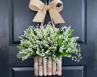 Spring wreath Lily of The Valley wreath front door decor wedding wreath birch bark vase Mother's day gifts