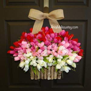 MORE COLORS Spring wreath Mother's Day gift wreaths birch bark basket, front door wreath decorations, red pink tulips spring wreath