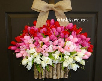 Spring Wreaths for Front Door Tulips Mother's Day Gift Rustic Decor Basket