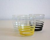 SALE 50 OFF Vintage Shot Glasses Mid Century White Yellow and Black Stripes Set of Three Barware