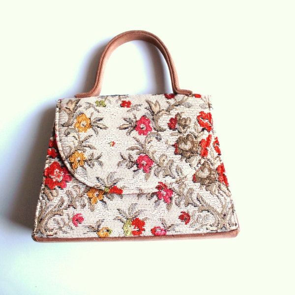 Vintage Tapestry Handbag Red Yellow Flowers