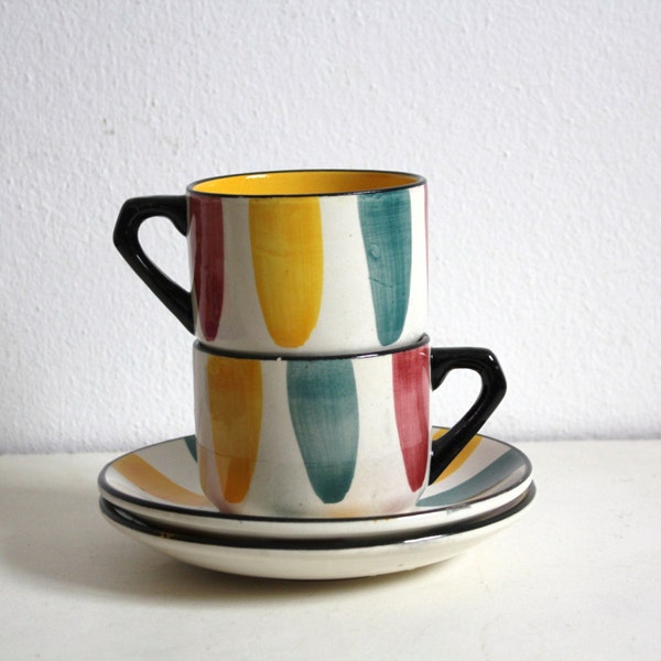 Vintage Tea Cups Saucers Pair Tricolor Aveiro Portuguese Pottery