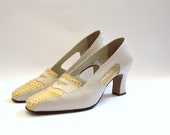 SALE 50 OFF Spring Summer Vintage Leather Shoes Beige Yellow Heels Size 6 Womens Shoes