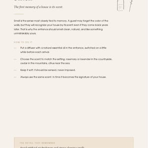 May include: A page titled I Smell with a line drawing of a reed diffuser. The text discusses scent in the home, providing instructions on using essential oils and avoiding artificial air fresheners to create a signature house scent.