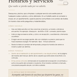 May include: A printed informational page titled II Horarios y servicios featuring a clock and coffee cup icon. The text provides instructions for creating a service schedule for guests, including sections on how to organise, where to display, and tips for adding descriptive phrases.