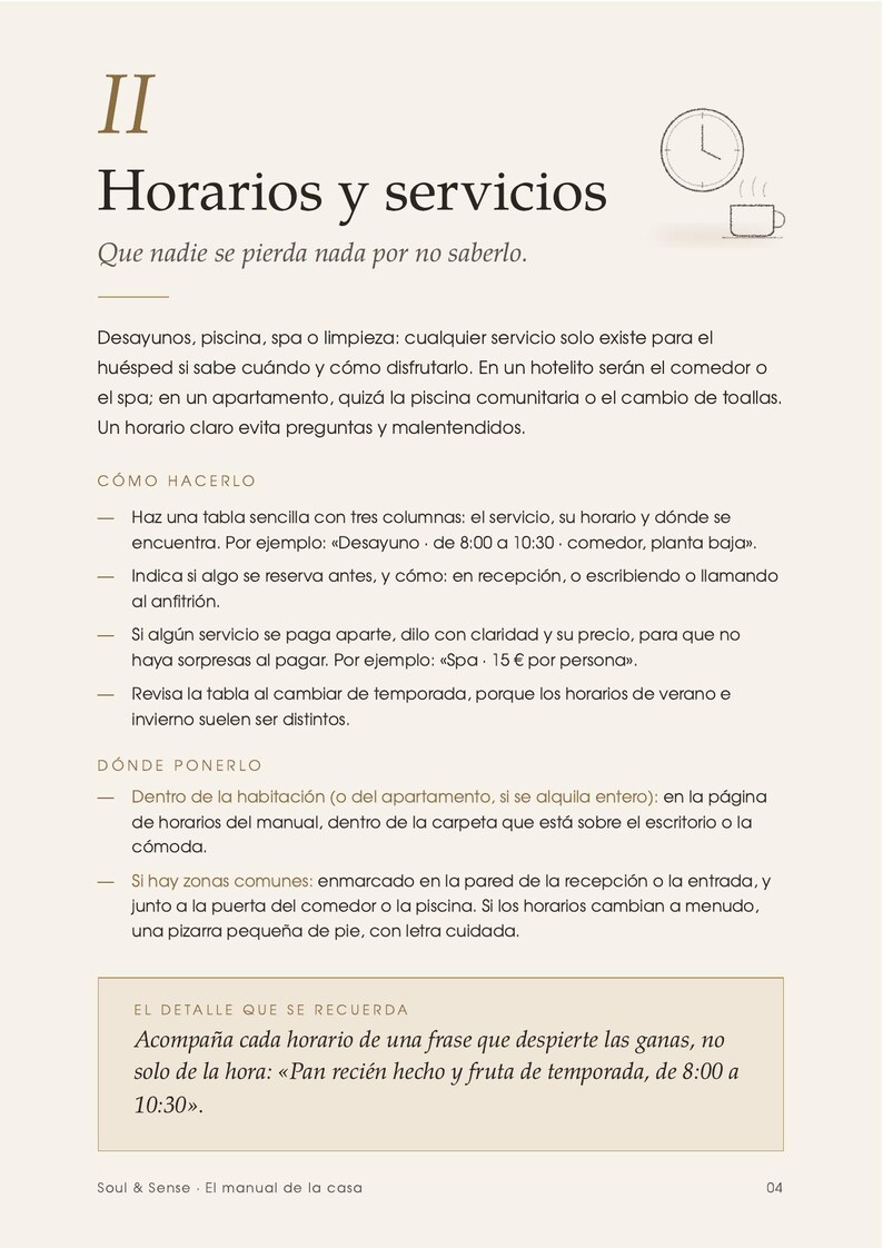 May include: A printed informational page titled II Horarios y servicios featuring a clock and coffee cup icon. The text provides instructions for creating a service schedule for guests, including sections on how to organise, where to display, and tips for adding descriptive phrases.