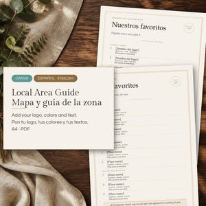 May include: A digital template for a local area guide in A4 PDF format, featuring bilingual text in English and Spanish. The document includes sections for favorite local spots, addresses, and contact details, with placeholders for logos and custom text.