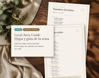 May include: A digital template for a local area guide in A4 PDF format, featuring bilingual text in English and Spanish. The document includes sections for favorite local spots, addresses, and contact details, with placeholders for logos and custom text.