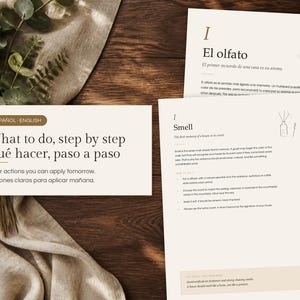 May include: A set of informational cards with text in English and Spanish. The cards feature headings like 'What to do, step by step' and 'Smell', with instructions on using essential oil diffusers to create a home scent signature.
