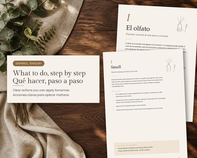 May include: A set of informational cards with text in English and Spanish. The cards feature headings like 'What to do, step by step' and 'Smell', with instructions on using essential oil diffusers to create a home scent signature.