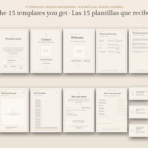 May include: A collection of 15 digital templates for property information, featuring beige backgrounds with dark text. The set includes pages for welcome messages, Wi-Fi connection details, house rules, local area guides, guest favourites, and feedback forms.