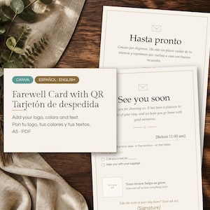 May include: A set of cream-coloured farewell cards featuring black text in English and Spanish, including phrases like 'See you soon' and 'Hasta pronto', with sections for guest assistance, review requests, and signature lines, presented on a dark wooden surface.
