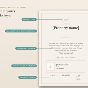 May include: A beige editable welcome manual template for rental properties featuring a placeholder for a logo, property name, guest message, signature, WiFi network, QR code, check-out time, phone number, and page index with text in English.