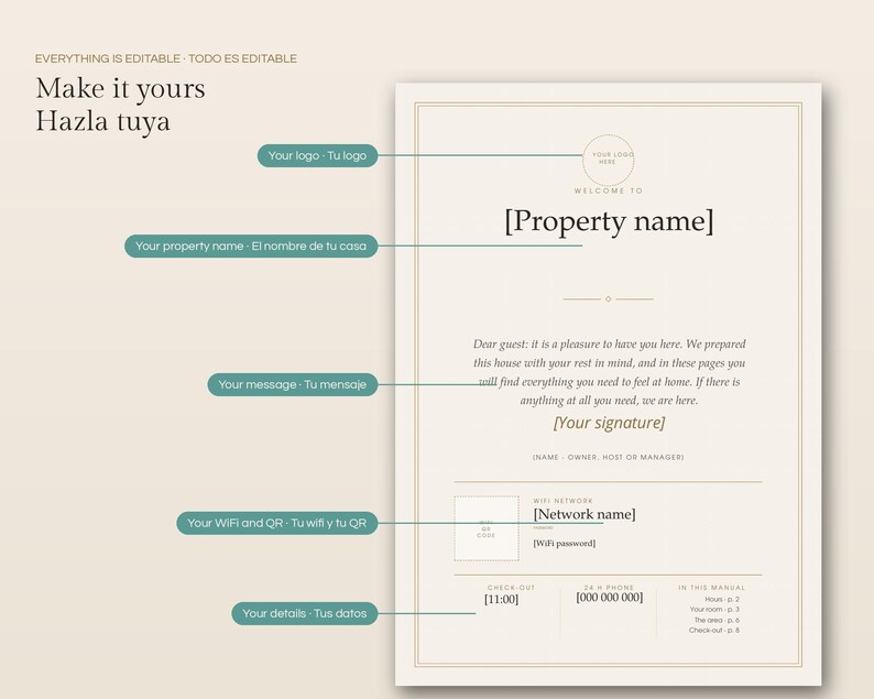 May include: A beige editable welcome manual template for rental properties featuring a placeholder for a logo, property name, guest message, signature, WiFi network, QR code, check-out time, phone number, and page index with text in English.