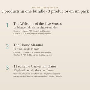 May include: A digital bundle list featuring three items: The Welcome of the Five Senses 8-page PDF, The House Manual 22-page PDF, and 15 editable Canva templates for welcome, WiFi, rules, area, and farewell information in English and Spanish.
