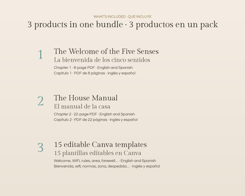 May include: A digital bundle list featuring three items: The Welcome of the Five Senses 8-page PDF, The House Manual 22-page PDF, and 15 editable Canva templates for welcome, WiFi, rules, area, and farewell information in English and Spanish.