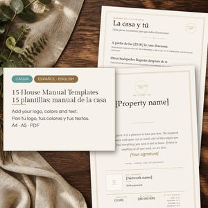 May include: A set of 15 house manual templates in A4 and A5 sizes, presented as PDF files. The documents feature a beige background with dark text, including sections for property names, house rules, and Wi-Fi details in English and Spanish.
