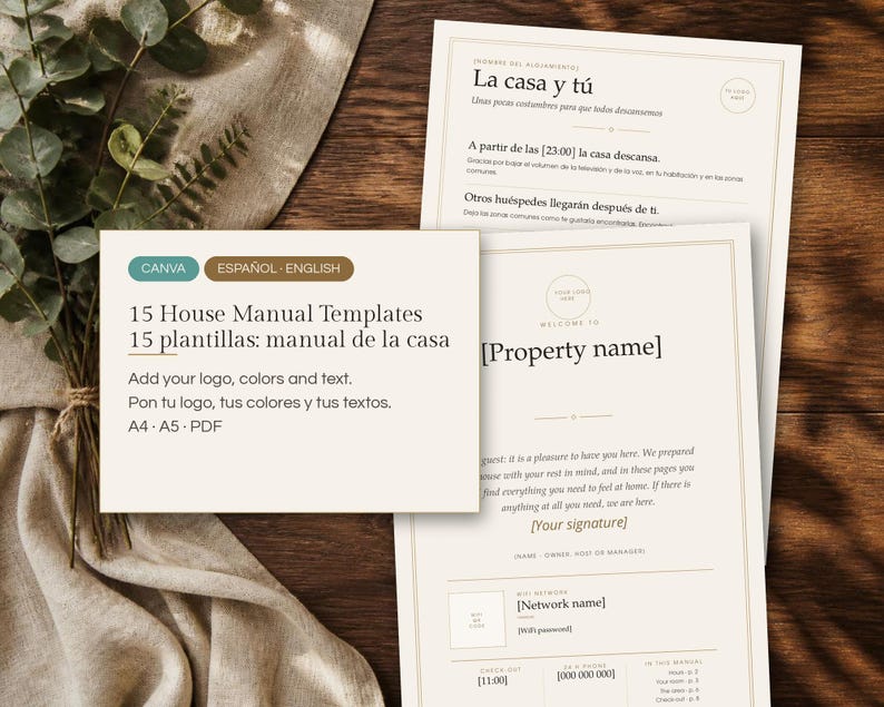 May include: A set of 15 house manual templates in A4 and A5 sizes, presented as PDF files. The documents feature a beige background with dark text, including sections for property names, house rules, and Wi-Fi details in English and Spanish.