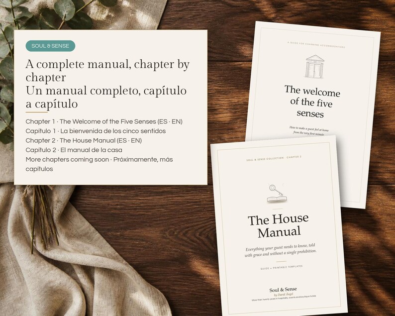 May include: A set of three printed documents with cream-colored paper and black text. The documents feature the titles The Welcome of the Five Senses and The House Manual, along with a list of chapters and the brand name Soul & Sense.