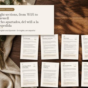 May include: A set of eight informational guide pages in English and Spanish, titled Eight sections, from WiFi to farewell. Each page features numbered sections from I to VIII, detailing house rules, services, and local area information.