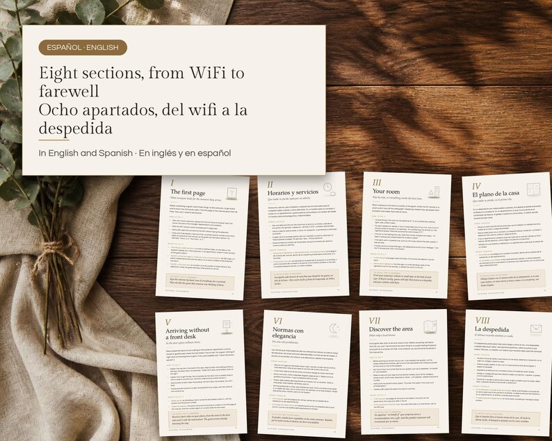 May include: A set of eight informational guide pages in English and Spanish, titled Eight sections, from WiFi to farewell. Each page features numbered sections from I to VIII, detailing house rules, services, and local area information.
