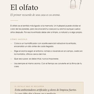 May include: A page with the heading I El olfato and the subtitle El primer recuerdo de una casa es su aroma. It features a line drawing of a reed diffuser, text about scent and memory, instructions for home fragrance, and a footer.