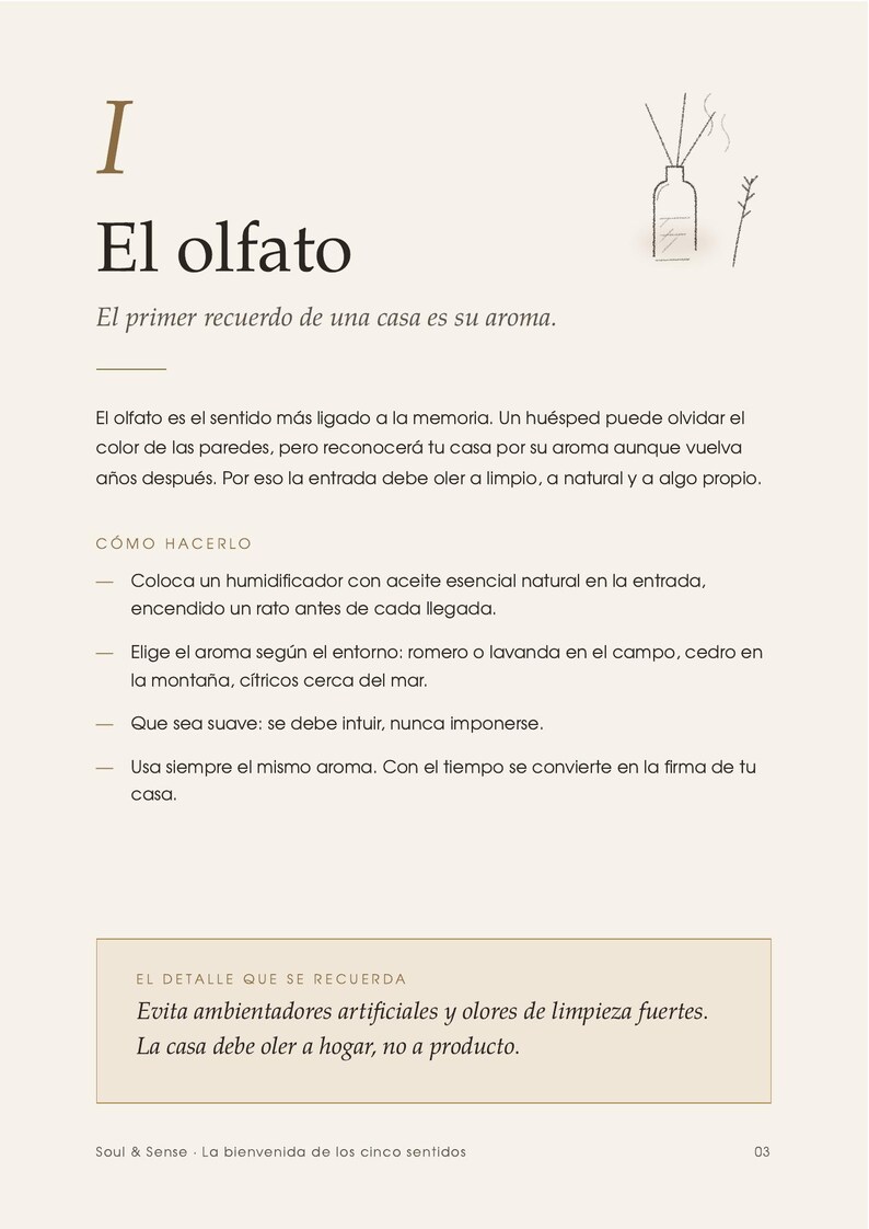 May include: A page with the heading I El olfato and the subtitle El primer recuerdo de una casa es su aroma. It features a line drawing of a reed diffuser, text about scent and memory, instructions for home fragrance, and a footer.