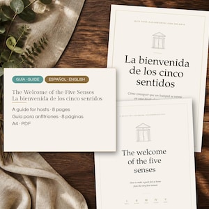 May include: A digital host guide titled The Welcome of the Five Senses, featuring an 8-page A4 PDF document in English and Spanish. The document includes line art of a building entrance and text detailing how to make guests feel at home.
