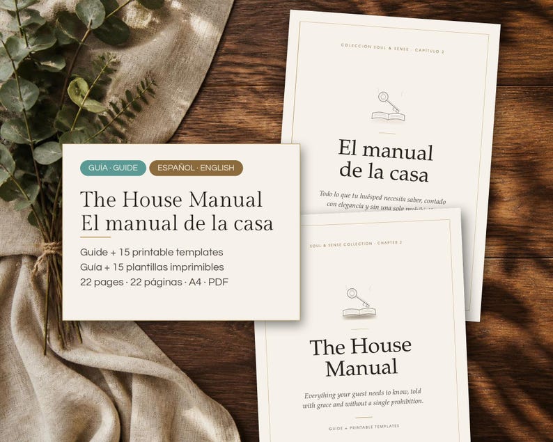 May include: A digital house manual template set featuring a guide and 15 printable templates in A4 PDF format. The text reads The House Manual, El manual de la casa, Guide + 15 printable templates, Gu&iacute;a + 15 plantillas imprimibles, 22 pages, 22 p&aacute;ginas, A4, PDF.