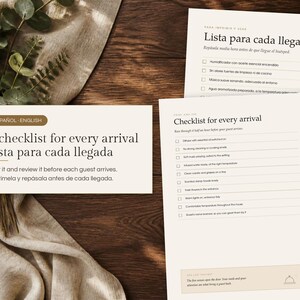 May include: A printed checklist for every arrival in English and Spanish, featuring a list of tasks for guest preparation. The document includes checkboxes and text instructions for hosts, presented on a clean white page with dark text.