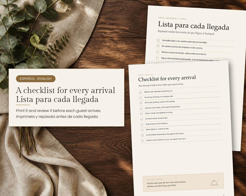 May include: A printed checklist for every arrival in English and Spanish, featuring a list of tasks for guest preparation. The document includes checkboxes and text instructions for hosts, presented on a clean white page with dark text.