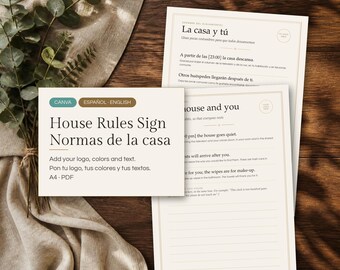 May include: A set of printable house rules signs in Spanish and English, featuring a beige background with black text. The documents include sections for house guidelines, quiet hours, and guest information, formatted for A4 size paper.