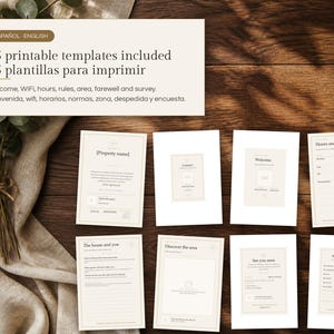May include: A set of 15 printable templates in English and Spanish, including welcome, WiFi, hours, rules, area, farewell, and survey documents. The text reads: 15 printable templates included, 15 plantillas para imprimir, Welcome, WiFi, hours, rules, area, farewell and survey, Bienvenida, wifi, horarios, normas, zona, despedida y encuesta.