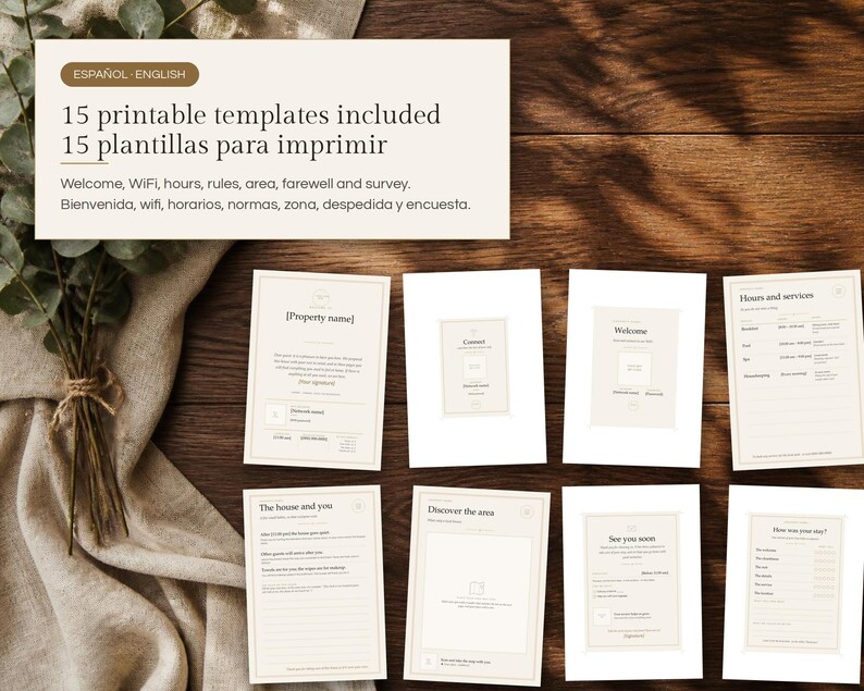May include: A set of 15 printable templates in English and Spanish, including welcome, WiFi, hours, rules, area, farewell, and survey documents. The text reads: 15 printable templates included, 15 plantillas para imprimir, Welcome, WiFi, hours, rules, area, farewell and survey, Bienvenida, wifi, horarios, normas, zona, despedida y encuesta.