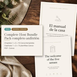 May include: A digital host bundle pack featuring a rectangular information card and two document pages with minimalist line art icons. The text includes Complete Host Bundle, El manual de la casa, and The welcome of the five senses.