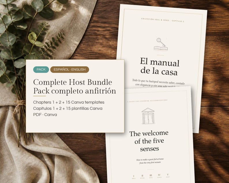 May include: A digital host bundle pack featuring a rectangular information card and two document pages with minimalist line art icons. The text includes Complete Host Bundle, El manual de la casa, and The welcome of the five senses.