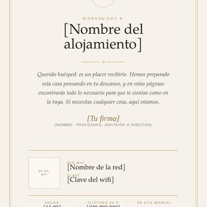 May include: A beige welcome manual template with dark brown text. It features placeholders for a logo, accommodation name, host signature, Wi-Fi details, QR code, checkout time, and contact number. The layout includes sections for house information.