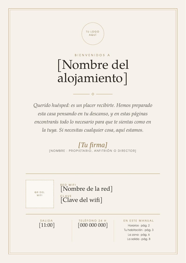 May include: A beige welcome manual template with dark brown text. It features placeholders for a logo, accommodation name, host signature, Wi-Fi details, QR code, checkout time, and contact number. The layout includes sections for house information.