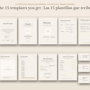 May include: A collection of 15 digital templates for property information, featuring beige backgrounds with dark text. The pages include headers like Welcome, Connect, Hours and services, The house and you, Discover the area, and How was your stay.