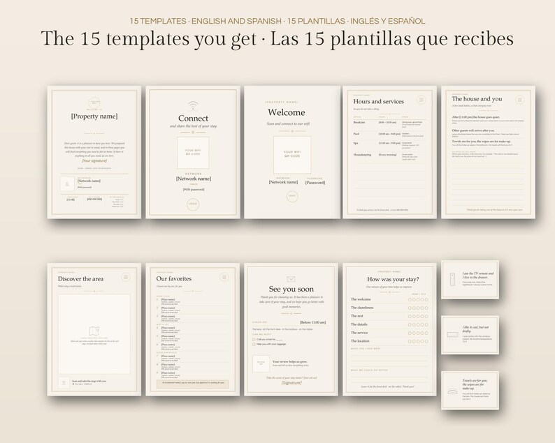 May include: A collection of 15 digital templates for property information, featuring beige backgrounds with dark text. The pages include headers like Welcome, Connect, Hours and services, The house and you, Discover the area, and How was your stay.