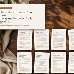 May include: A set of eight informational guide pages in English and Spanish, titled Eight sections, from WiFi to farewell. Each page features numbered sections from I to VIII, detailing house rules, services, and local area information.