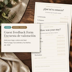 May include: A set of guest feedback forms in English and Spanish featuring rating scales from 1 to 5, lines for written comments, and the text Guest Feedback Form Encuesta de valoración, A5, PDF, Canva, Español-English, and Property Name.