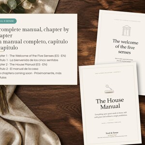 May include: Three printed documents titled Soul & Sense, featuring a complete manual chapter by chapter, The Welcome of the Five Senses, and The House Manual. The pages contain text in English and Spanish, with simple line art illustrations.